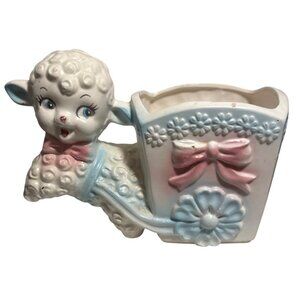 Inarco Planter Baby Lamb Pulling Cart Ceramic Japan Kitschy Cute 1950s Vintage
